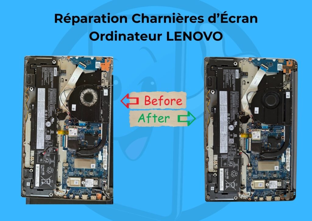 Photo avant-après le nettoyage intérieur lors d'une réparation de PC portable