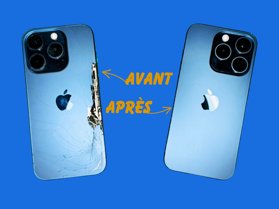 Photo qui illustre un remplacement de vitre arrière sur un iPhone 15 Pro avant et après intervention de The Phone Truck