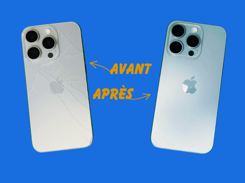 Photo d'un remplacement de vitre arrère sur iPhone 15 Pro avant et après réparation